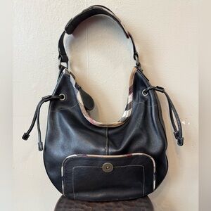 Burberry Brook Black Pebbled Leather Shoulder Bag Nova Check Trim